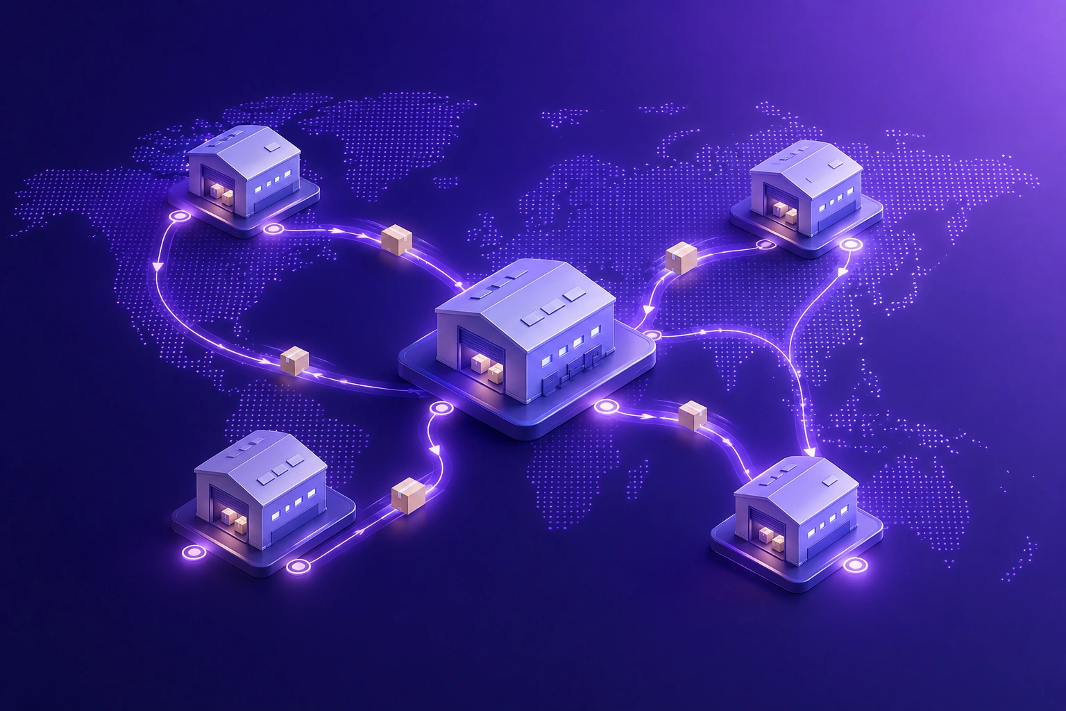 3D illustration of interconnected warehouse buildings with package routing arrows on an indigo gradient background