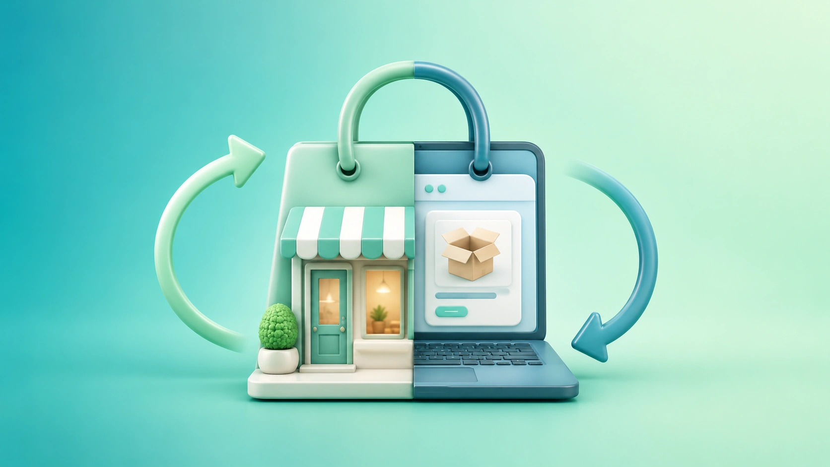 3D illustration of a shopping bag transforming between online and physical store icons on a teal gradient background
