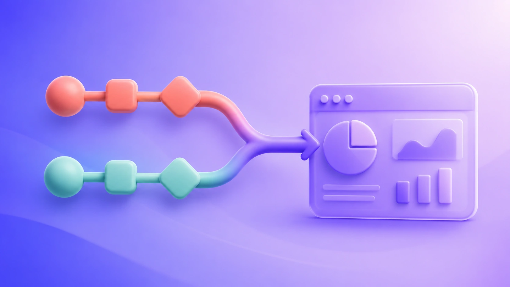 Abstract 3D illustration of two merging workflow streams in purple and blue representing hybrid B2C and B2B claims