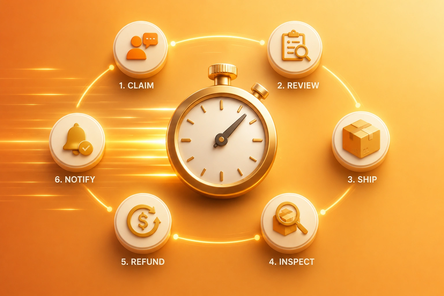 3D stopwatch surrounded by return workflow stages on a warm amber to gold gradient