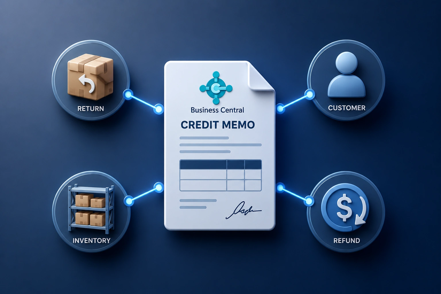 Business Central credit memo interface with return workflow arrows on a slate blue to navy gradient