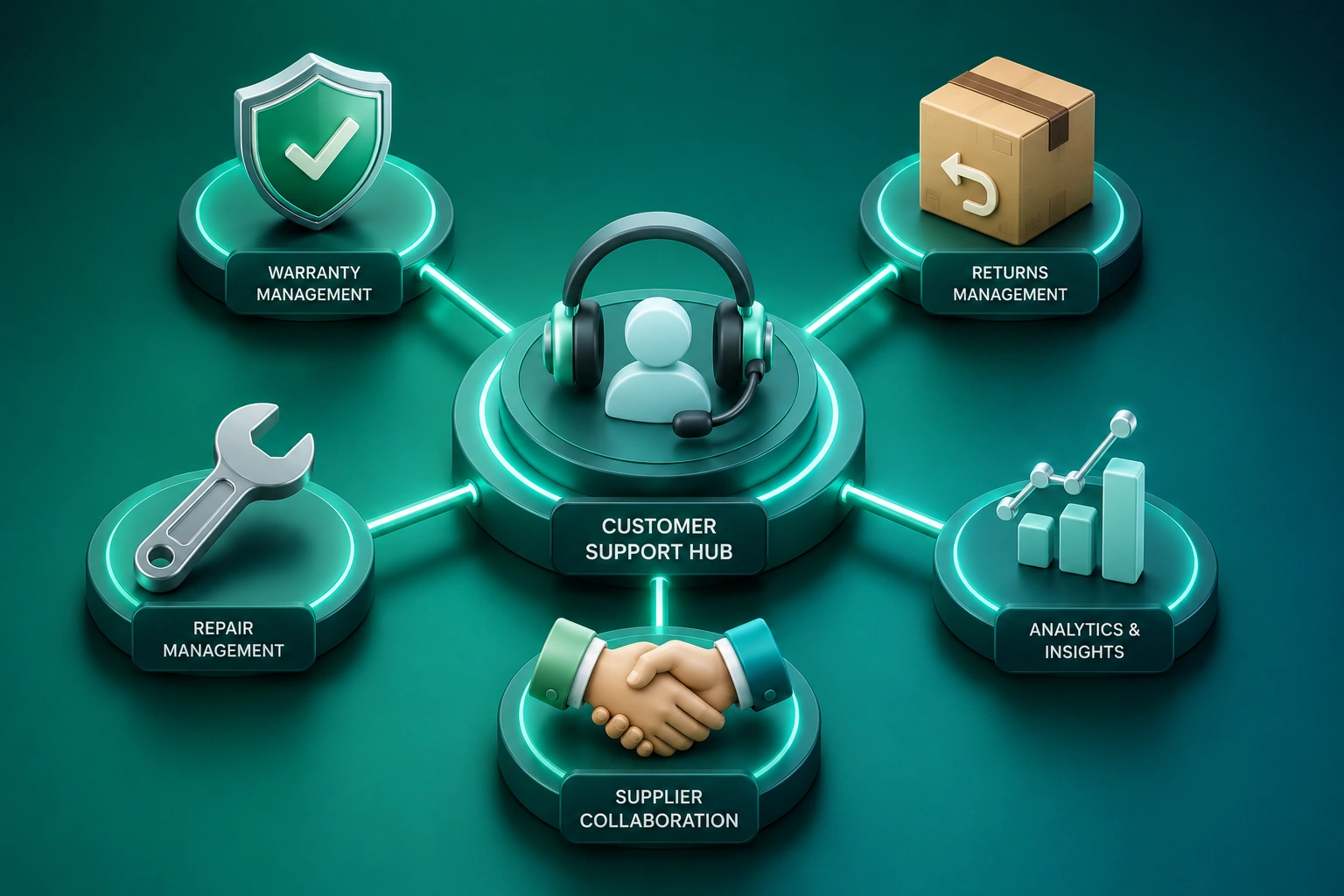 3D customer support hub with radiating service channels on an emerald to teal gradient