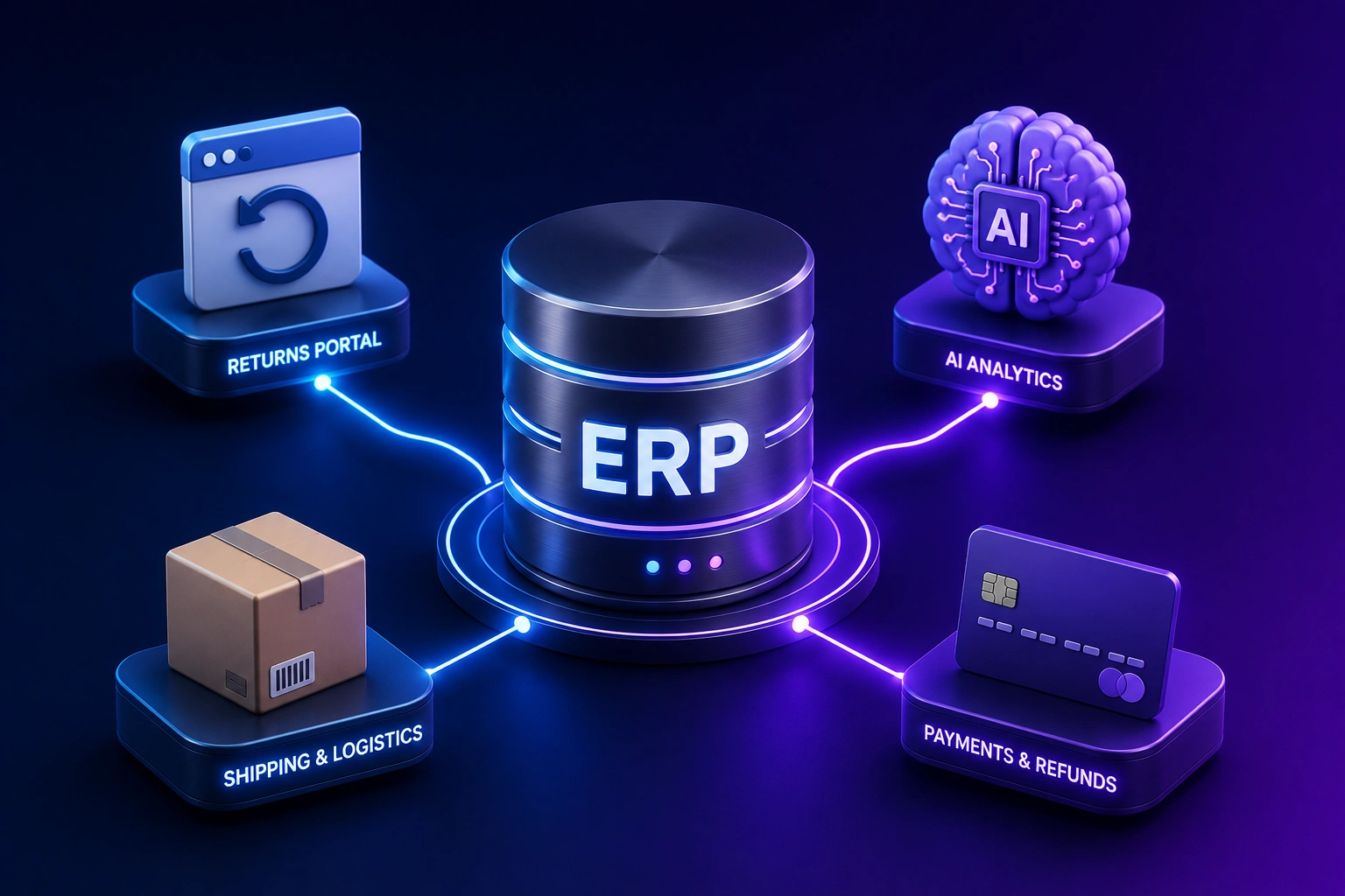 3D illustration of ERP system nodes connecting to a returns management hub on a dark navy to electric purple gradient