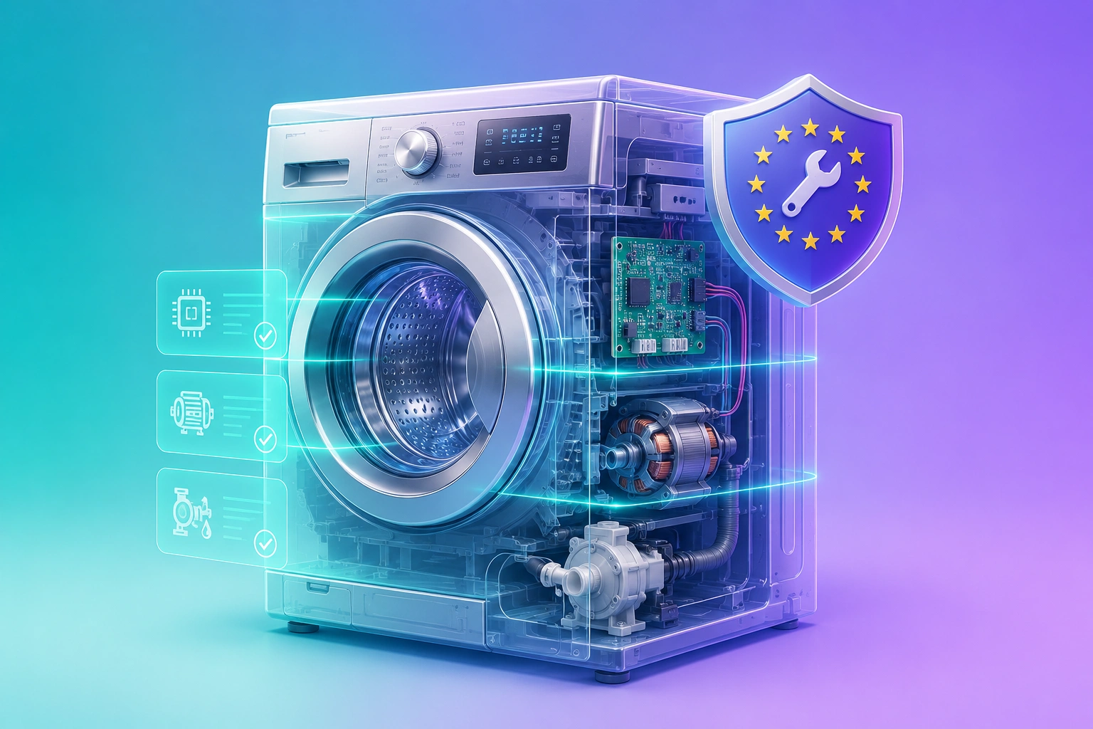 3D illustration of a washing machine with repair tools and an EU compliance shield on a cool mint-to-purple gradient