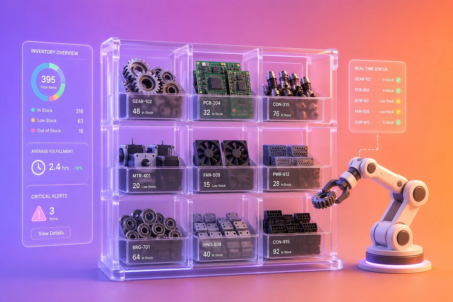 3D illustration of organized spare parts on shelving with a digital inventory overlay on a warm purple-to-coral gradient background