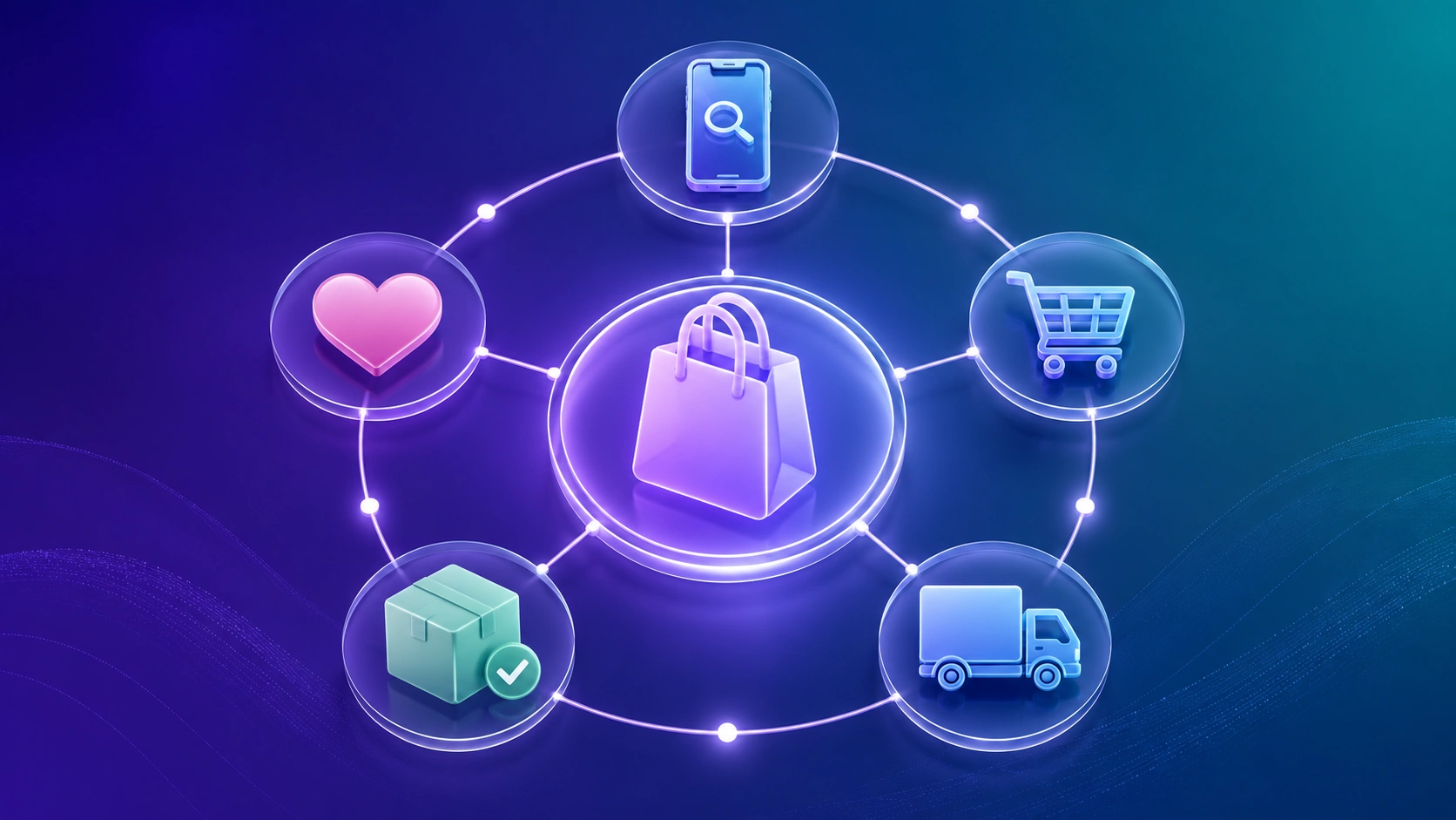 3D illustration of interconnected digital touchpoints forming a customer journey map on a deep indigo-to-teal gradient background