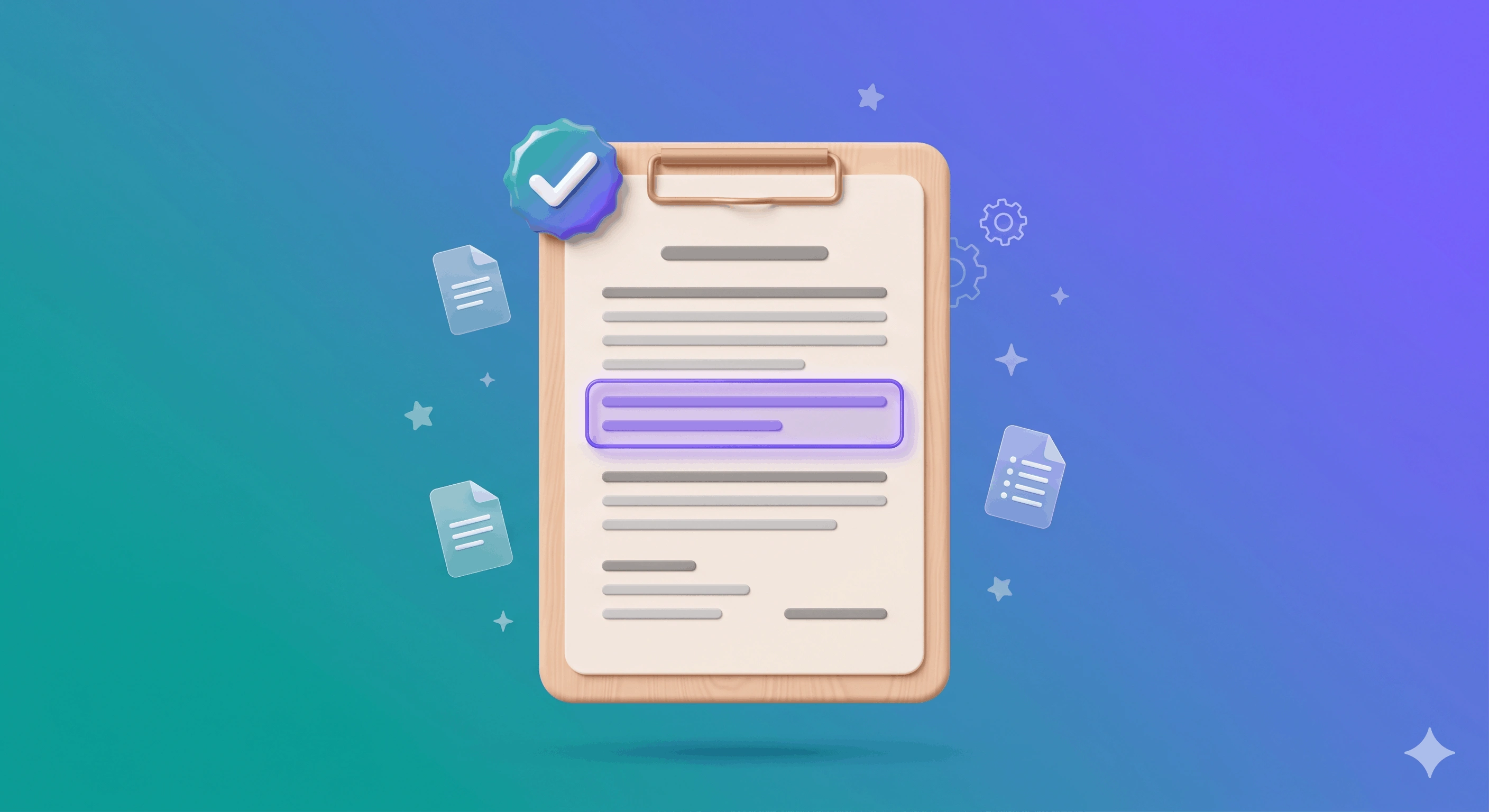 Purple gradient background with a 3D clipboard icon and a checkmark badge, representing return policy generation for ecommerce stores