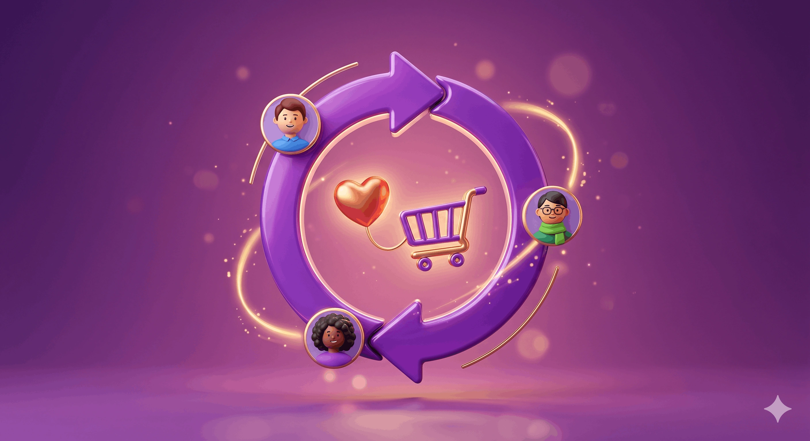 3D circular arrow icon with a heart and shopping cart on a warm purple gradient background