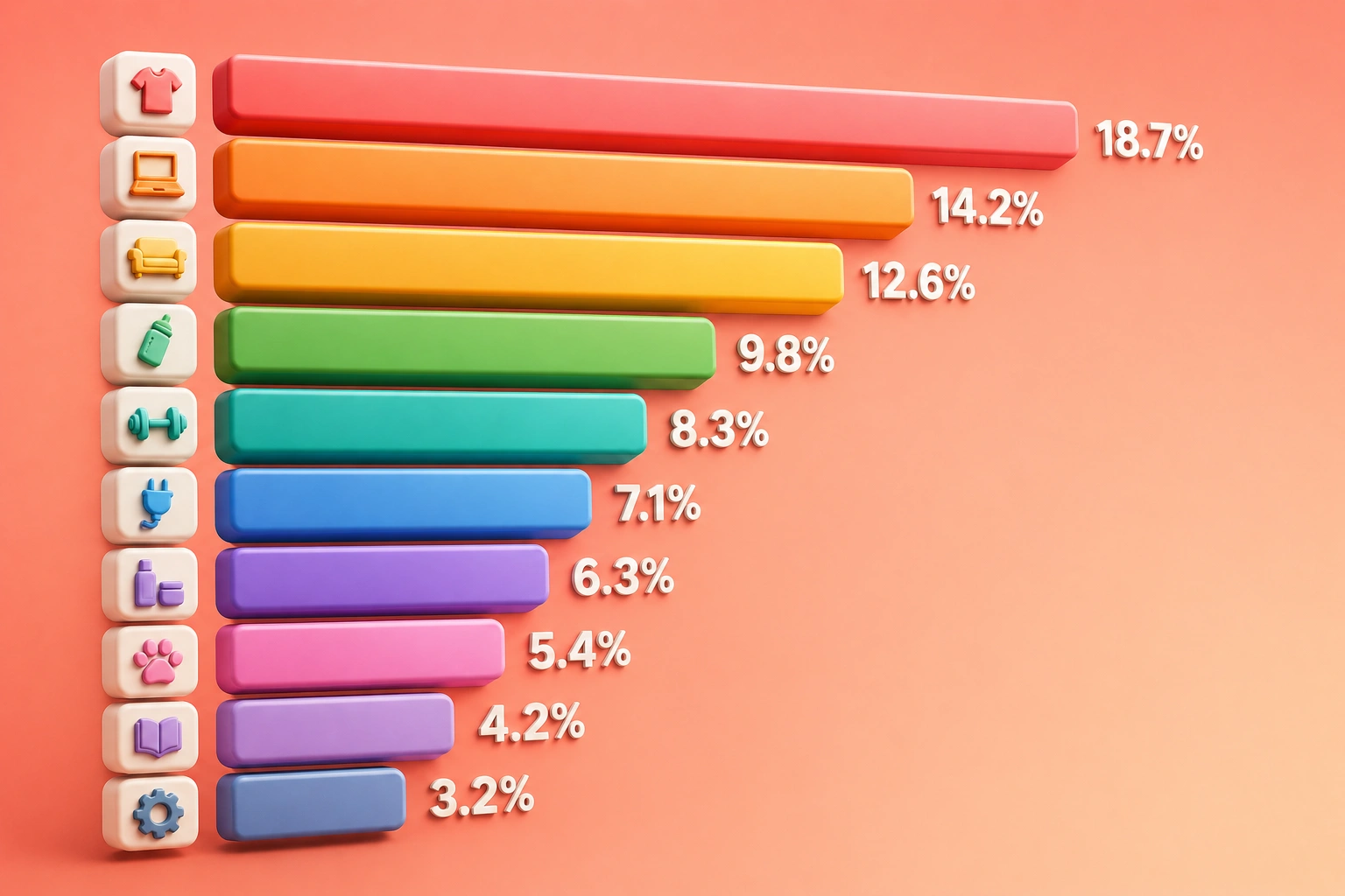 3D bar chart with colorful industry segments on a coral gradient background with floating percentage icons