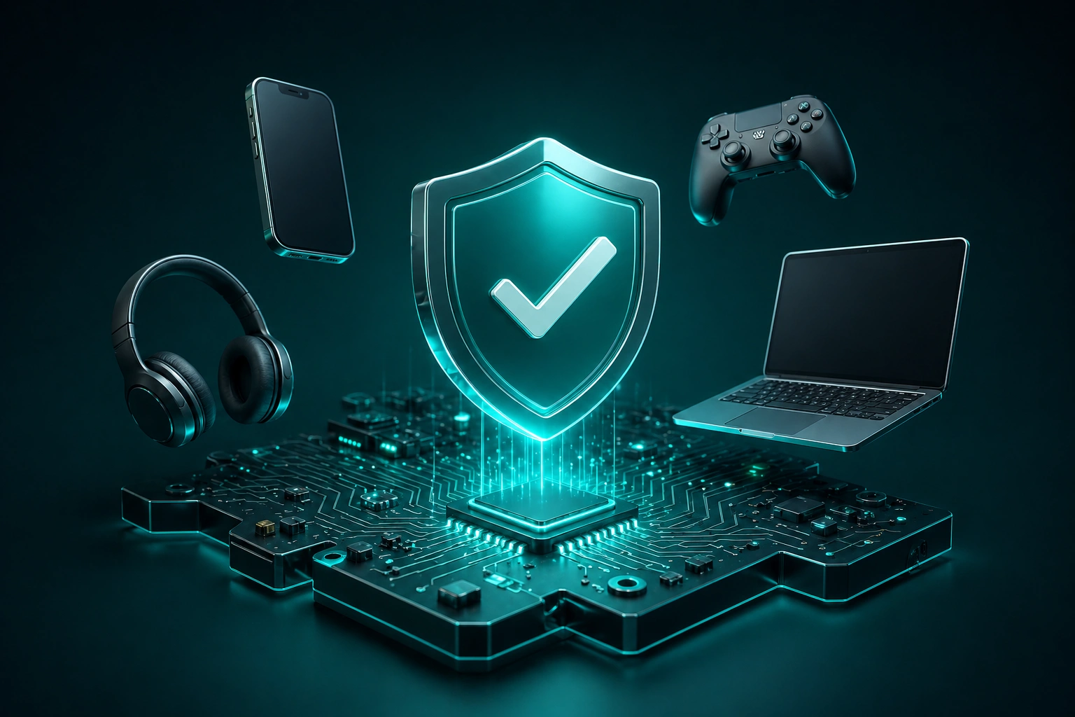 3D circuit board with a shield icon and return arrow on a dark teal gradient background with floating electronic component icons