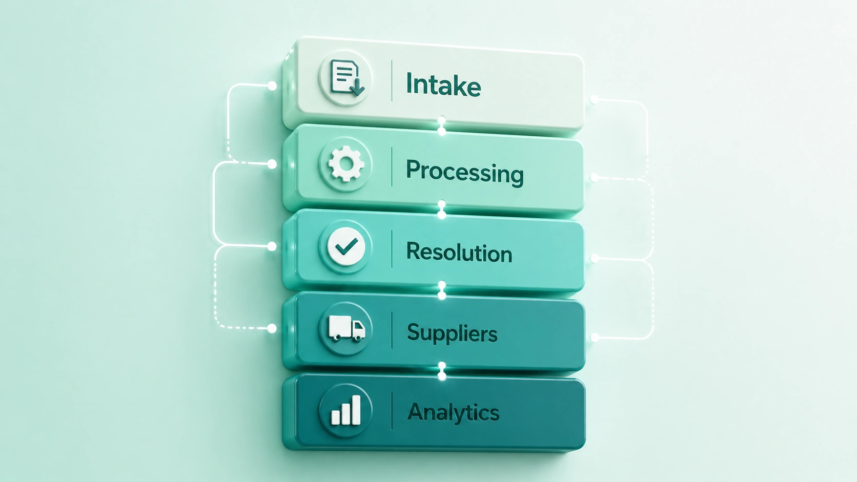 3D layered tech stack blocks on a mint-to-teal gradient background with connecting data flow lines between layers