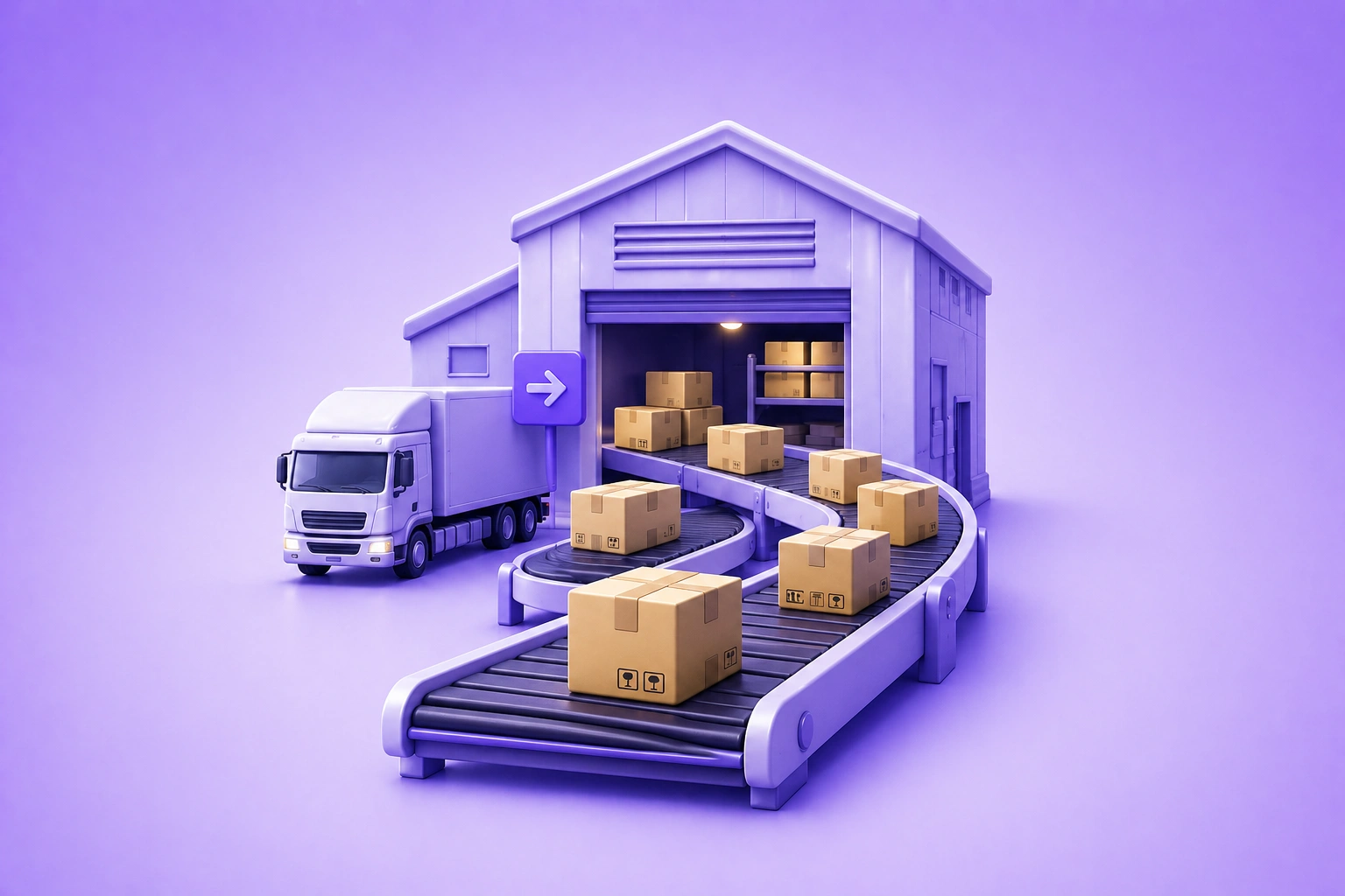 Split illustration showing a warehouse with conveyor belts on the left (forward logistics) and a returns processing station on the right (reverse logistics) 