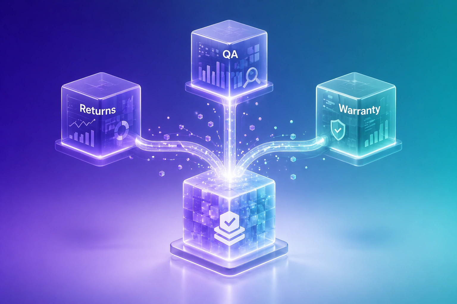 Interconnected data nodes breaking through silo walls with defect analytics flowing between returns, QA, and warranty departments