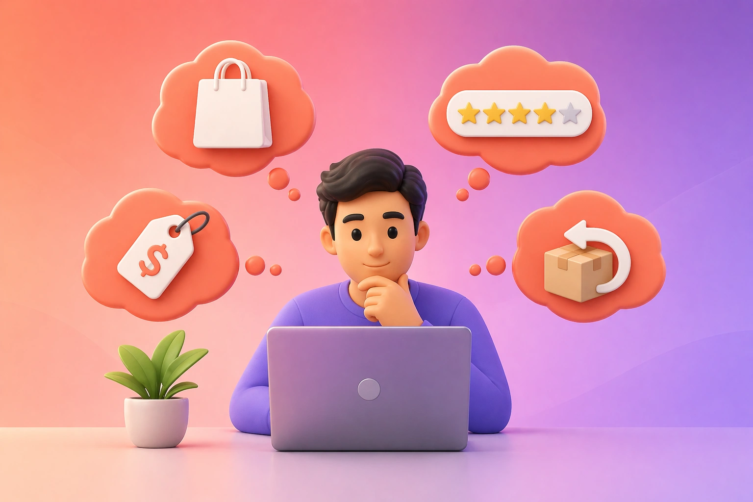 Consumer browsing ecommerce products on laptop with decision-making thought bubbles