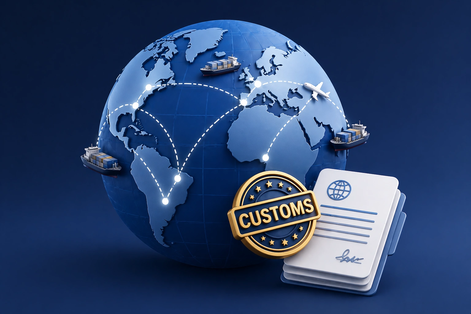 Globe with shipping routes and customs documents representing cross-border ecommerce duty drawback