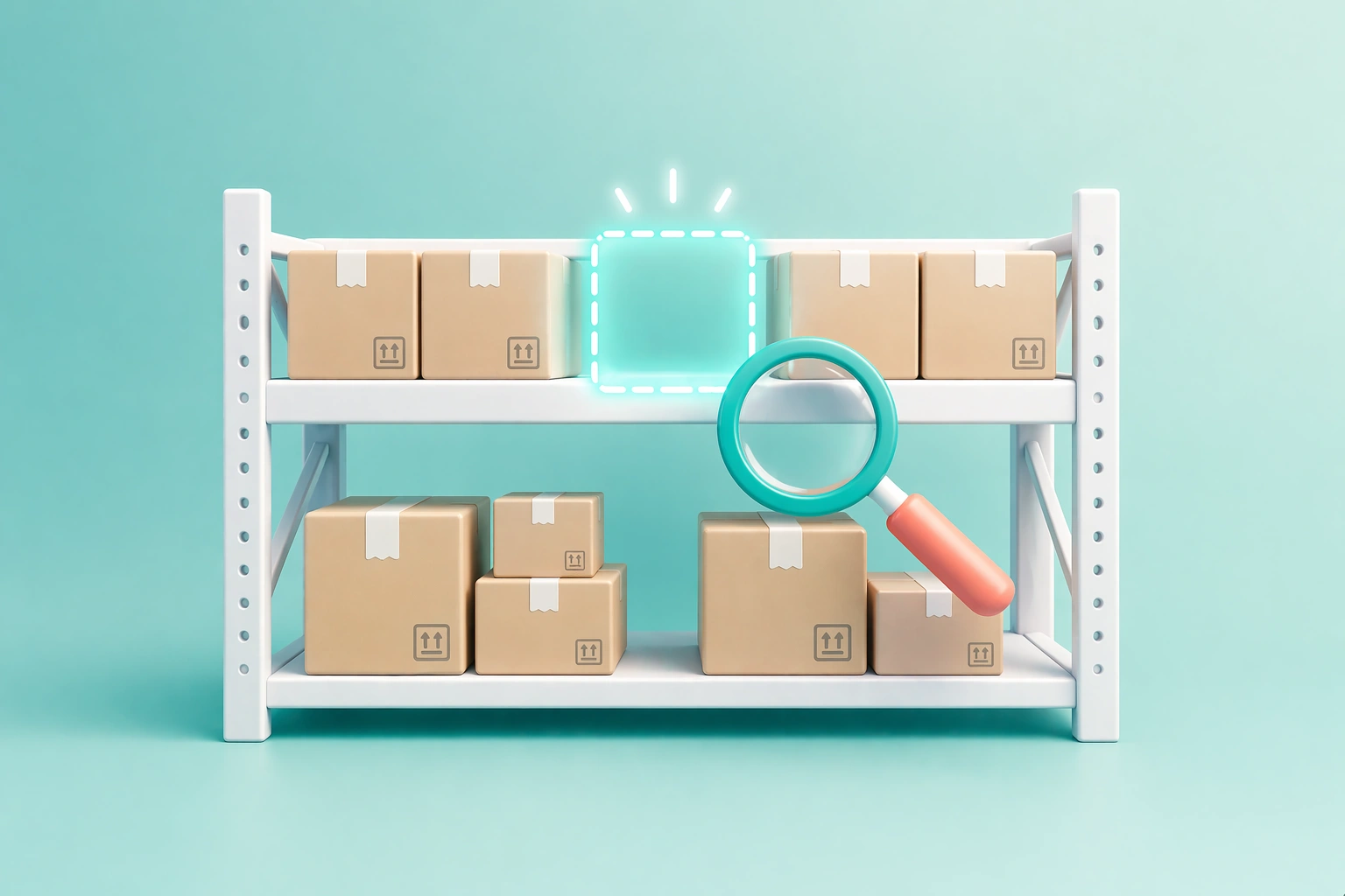 Warehouse shelves with highlighted missing inventory items representing retail shrinkage