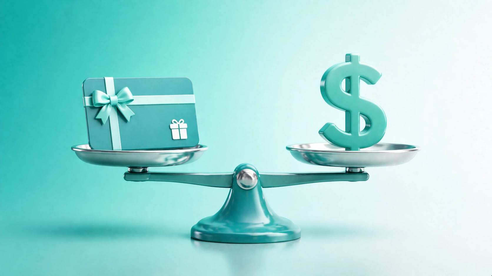 3D balance scale weighing a gift card against a dollar symbol on a teal gradient background