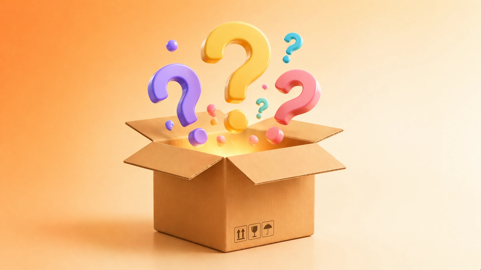3D open cardboard box with question marks floating above it on a warm orange gradient background