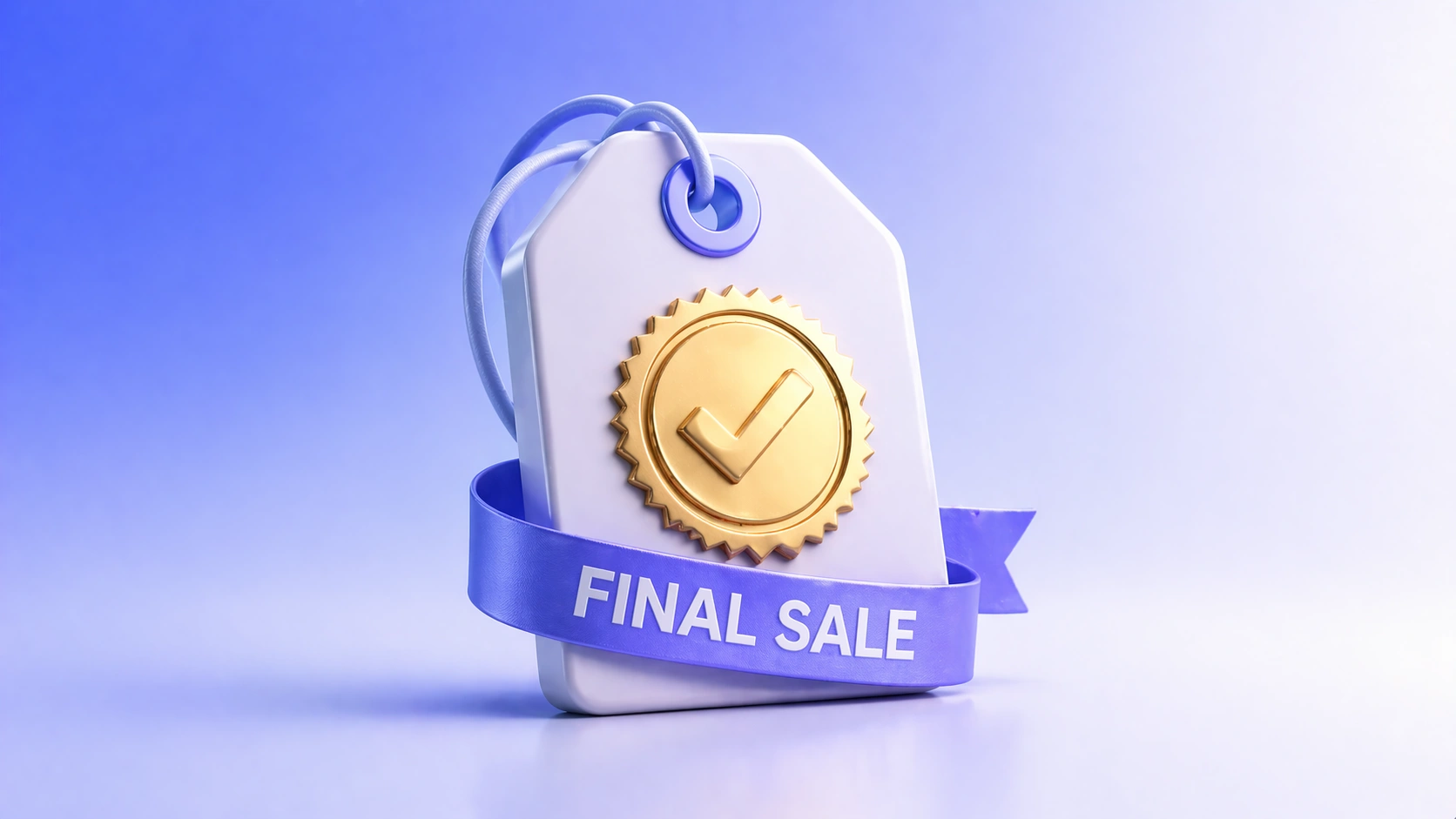 3D price tag with a checkmark seal on a soft blue gradient background representing final sale policies