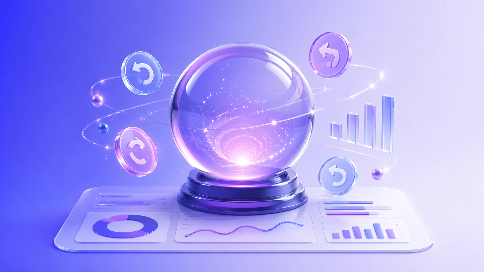 3D illustration of a crystal ball with data charts and return arrows on a soft purple gradient background