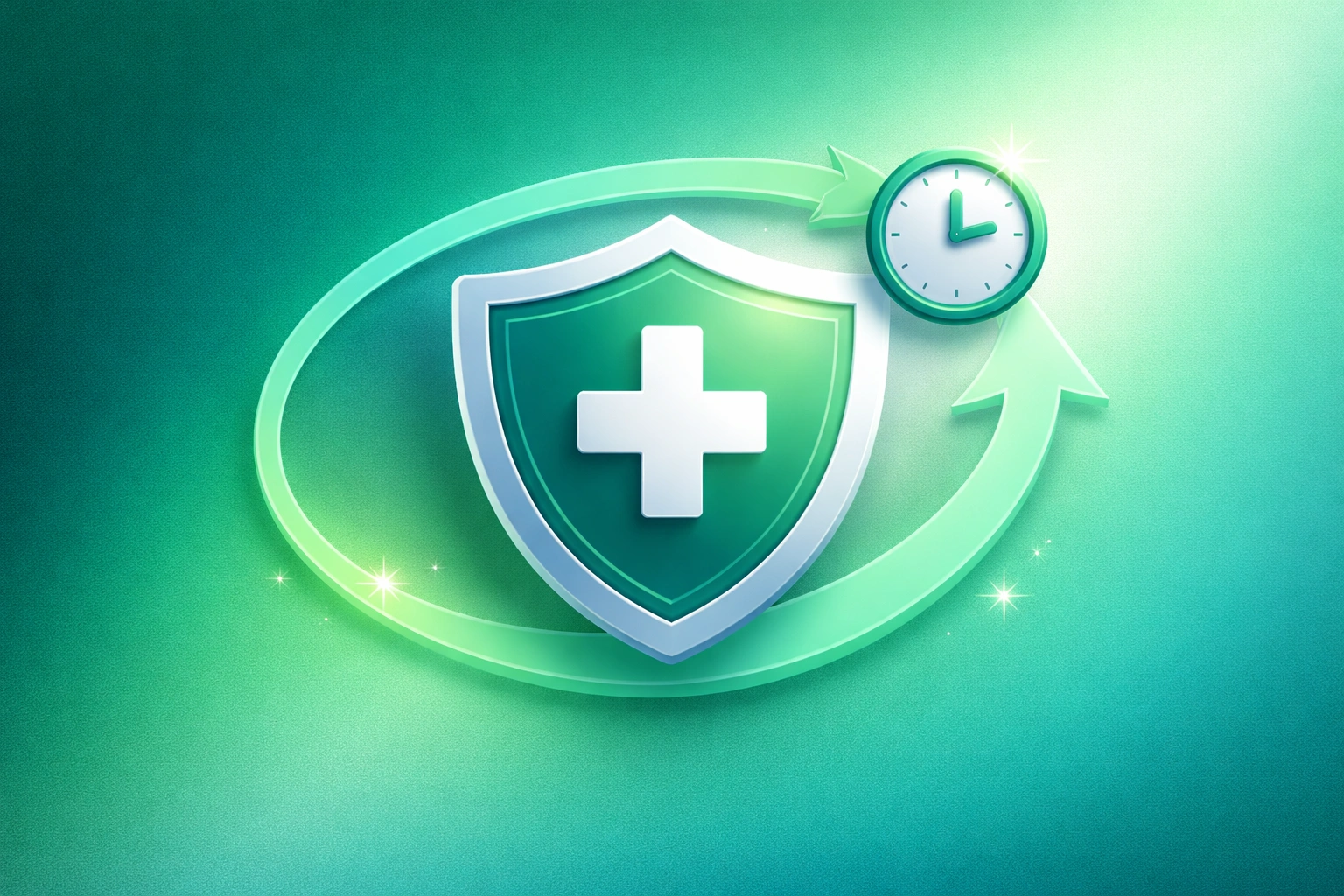 3D illustration of a shield with a plus symbol and a clock extending outward on a deep emerald-to-mint gradient background