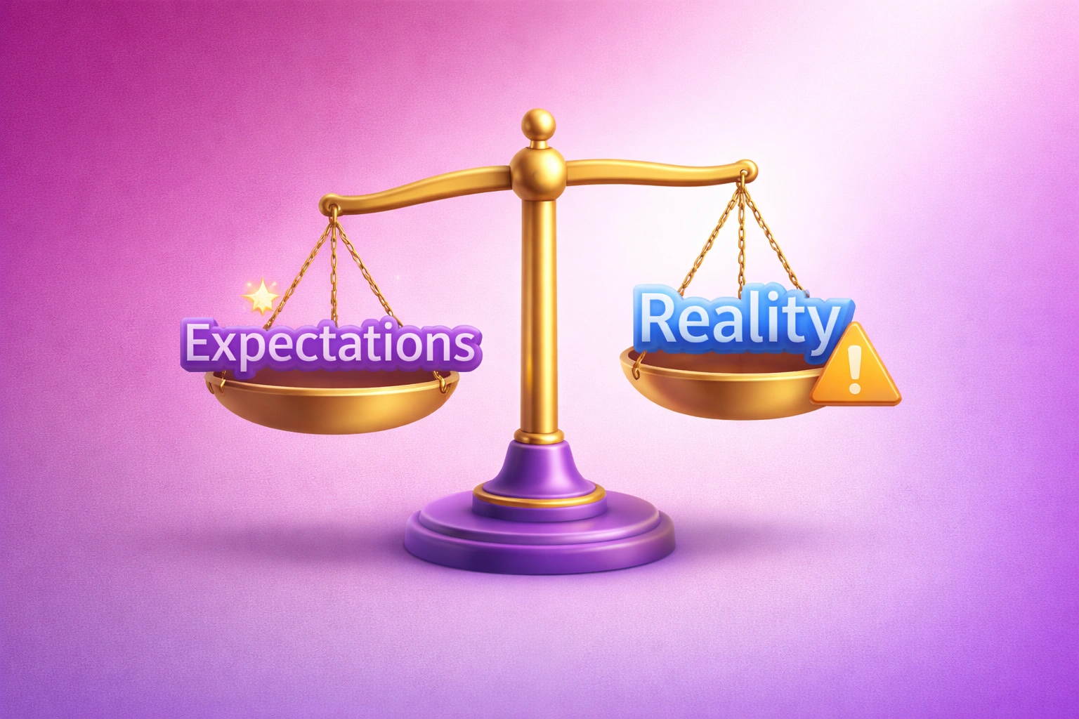 3D illustration of a balance scale weighing expectations vs reality on a warm rose-to-mauve gradient background