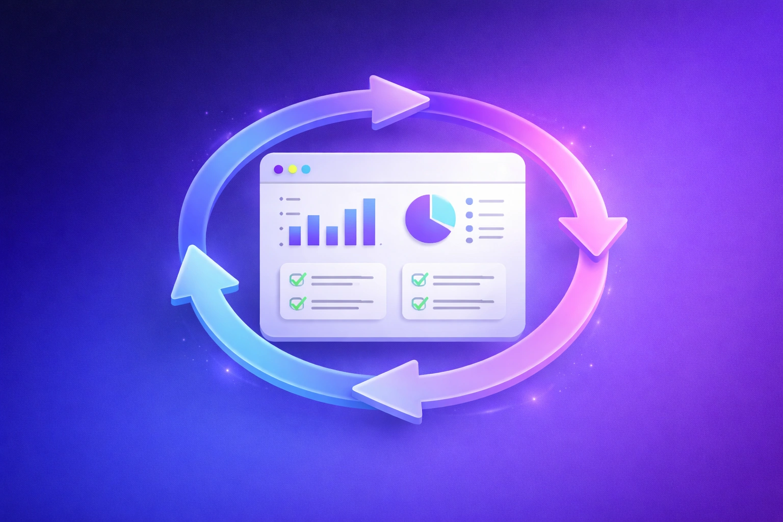 3D illustration of a software dashboard with return flow arrows on a midnight blue-to-electric purple gradient background