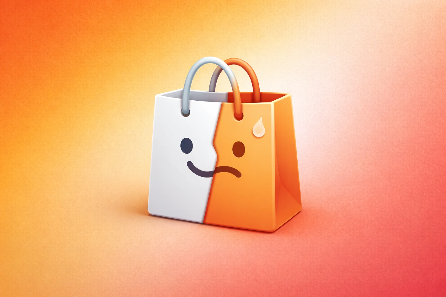 3D illustration of a shopping bag with a thought bubble showing conflicting emotions on a warm amber-to-coral gradient background