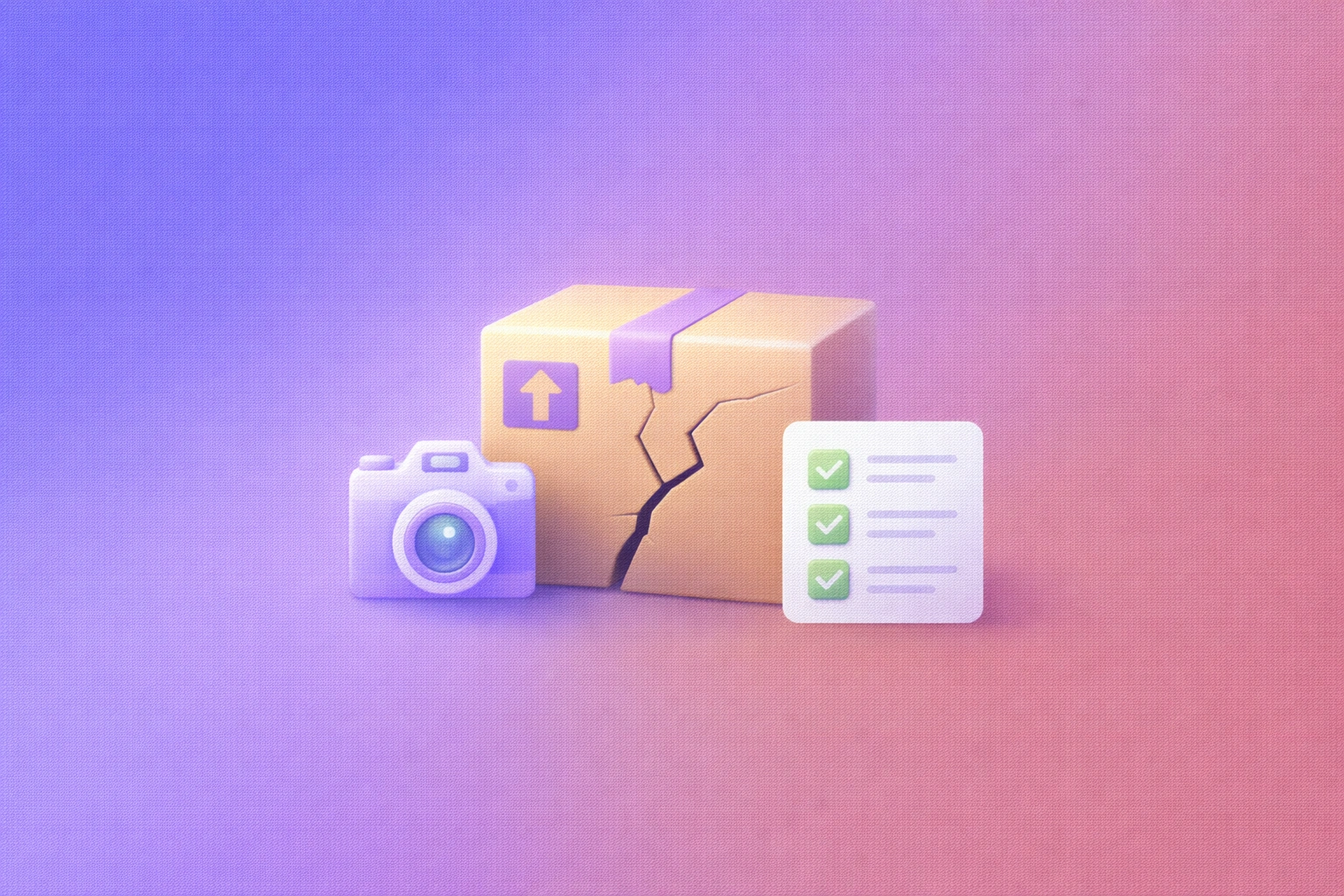 3D illustration of a cracked shipping box next to a camera icon and a claims checklist on a purple-to-coral gradient background