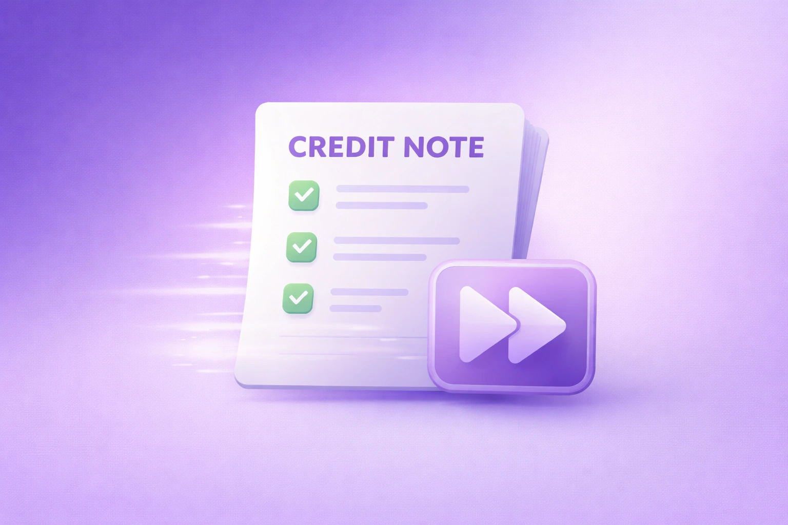 3D illustration of a supplier credit note document with a fast-forward icon and a checklist on a purple-to-lavender gradient background