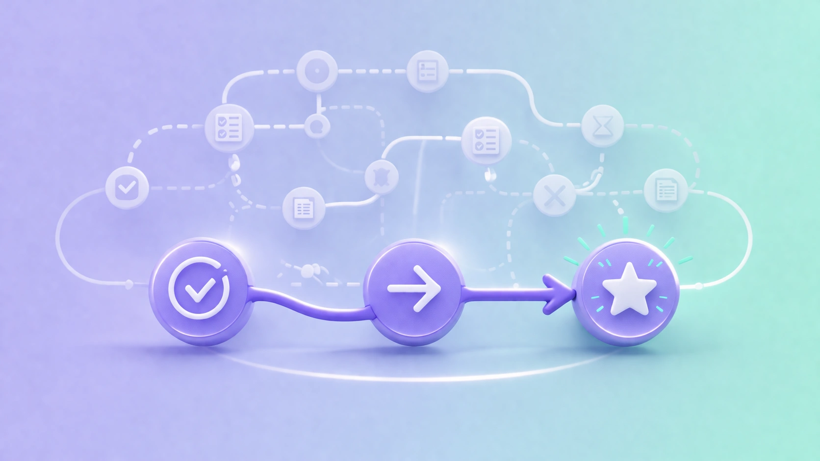 3D illustration of a simplified path with fewer steps on a soft lavender-to-mint gradient background