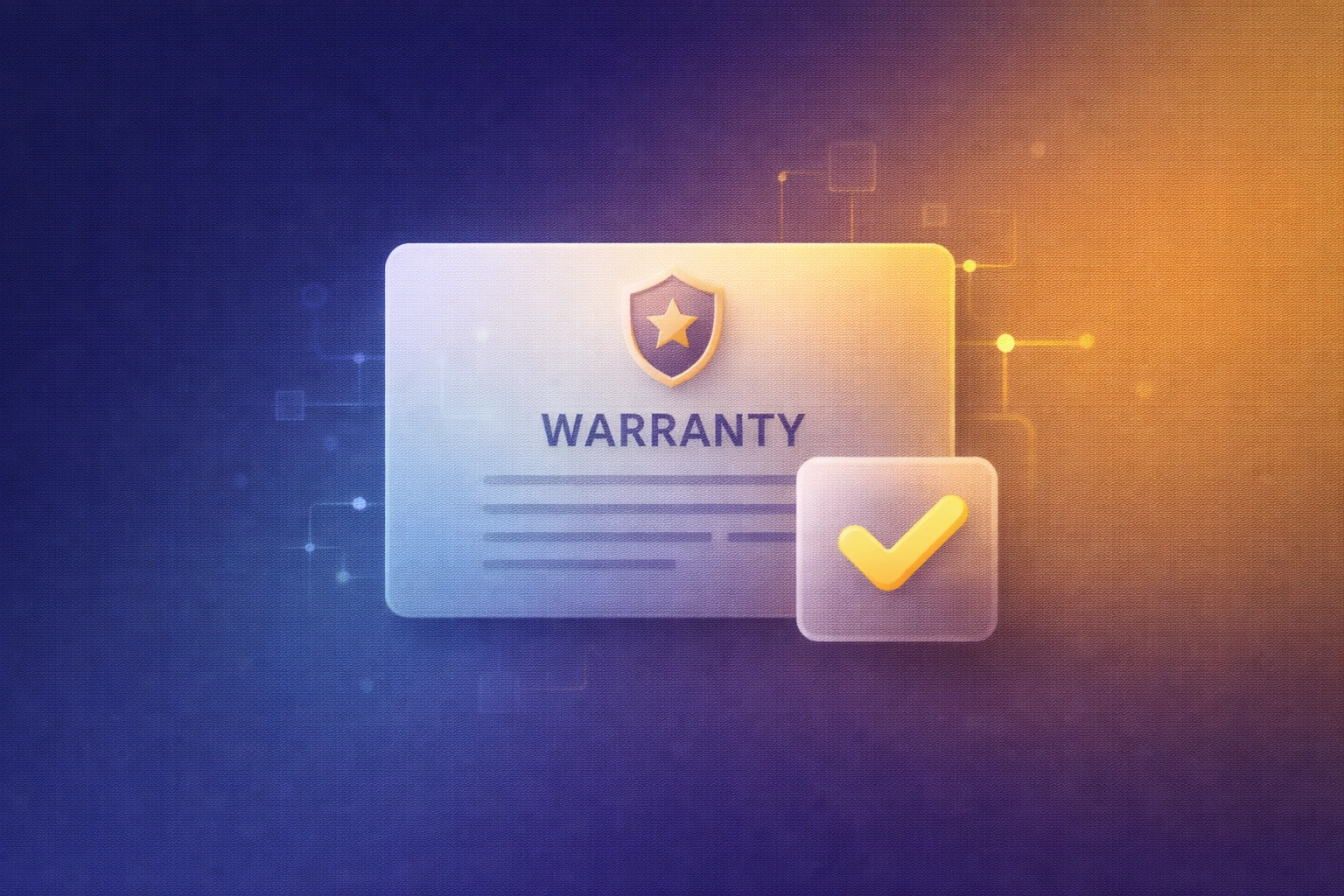 3D illustration of a warranty card with a digital checkmark on a deep navy-to-gold gradient background