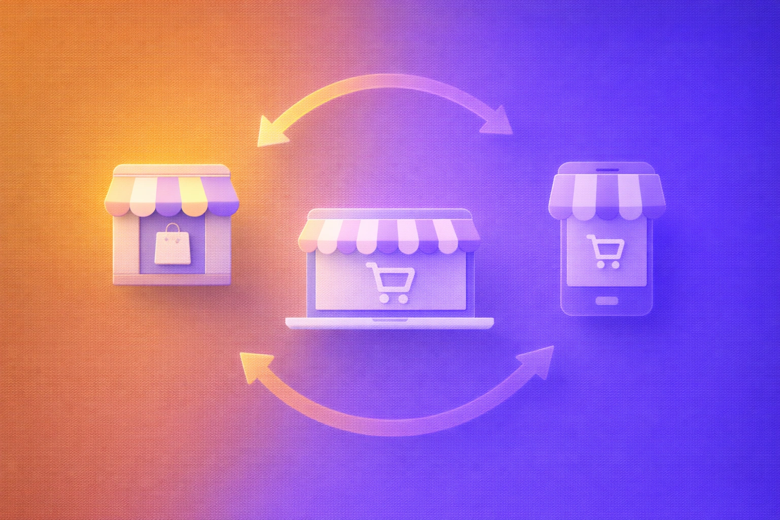 3D illustration of interconnected shopping channels with return arrows flowing between them on a warm orange-to-purple gradient background