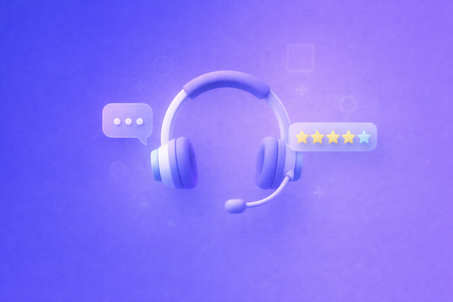 3D illustration of a headset icon with chat bubbles and star ratings floating on a blue-to-purple gradient background