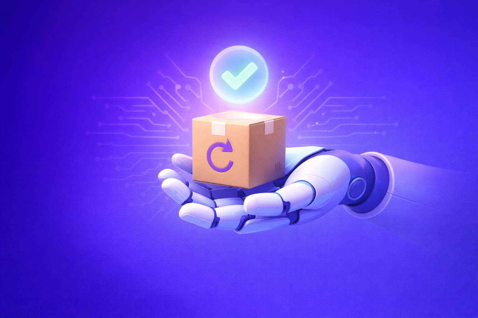 3D illustration of an AI assistant icon surrounded by floating return boxes and chat bubbles on a warm indigo gradient background