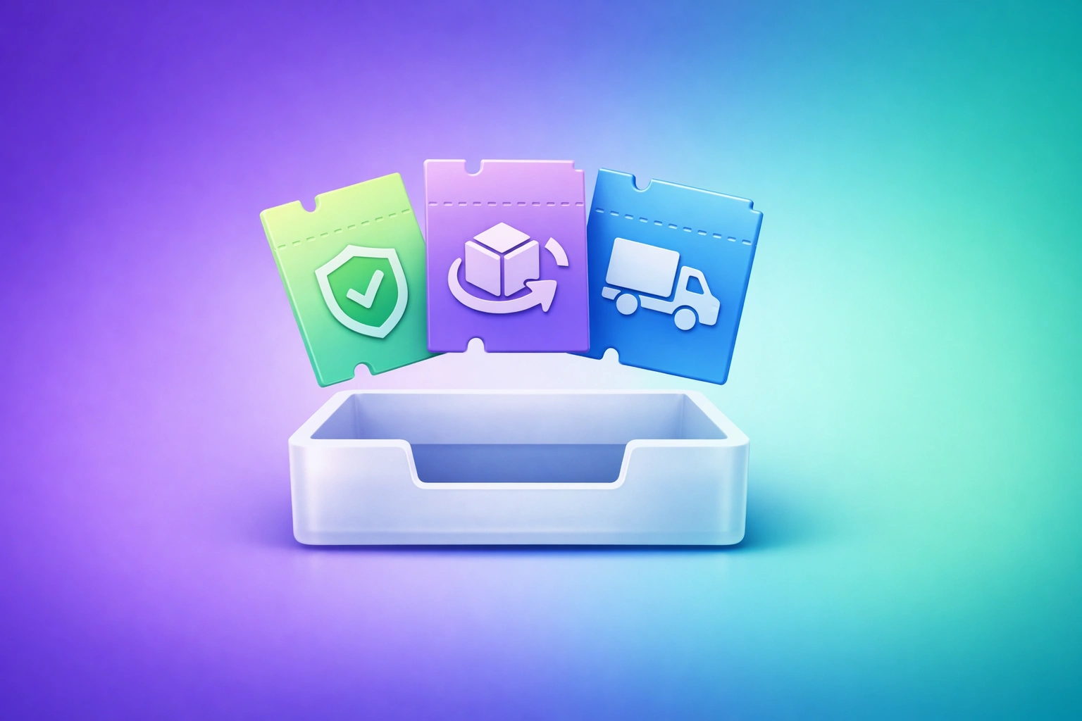 3D illustration of an inbox with labeled tickets for returns, warranty, and shipping on a purple-to-teal gradient background