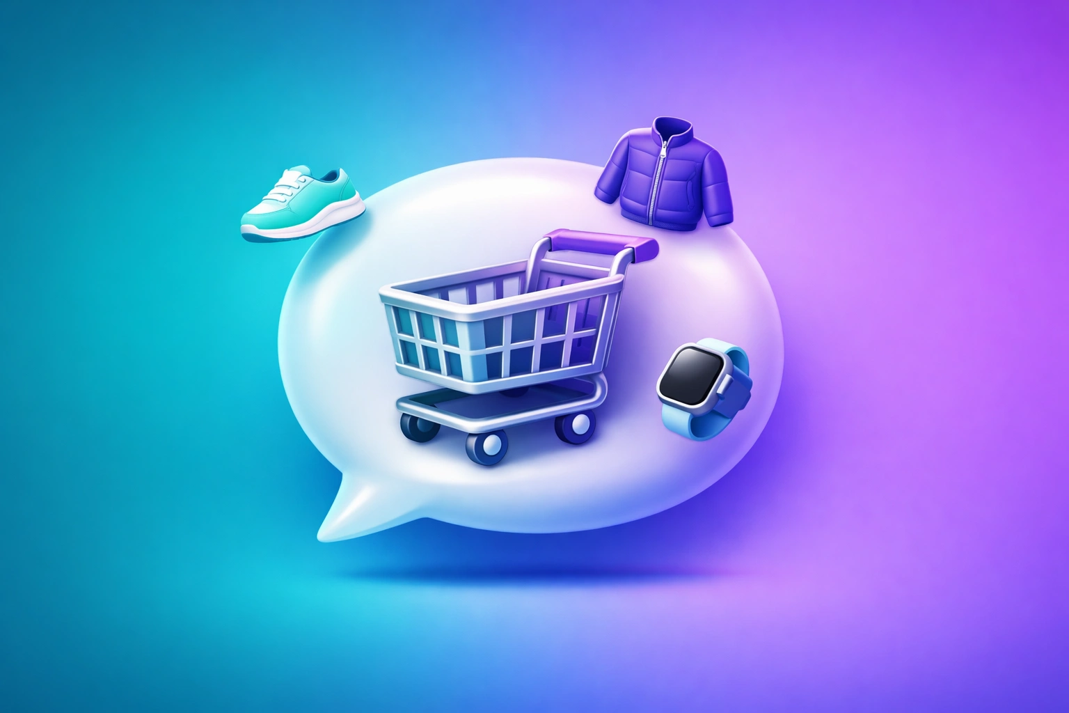 3D illustration of a shopping cart emerging from an AI chat bubble on a purple-to-teal gradient background