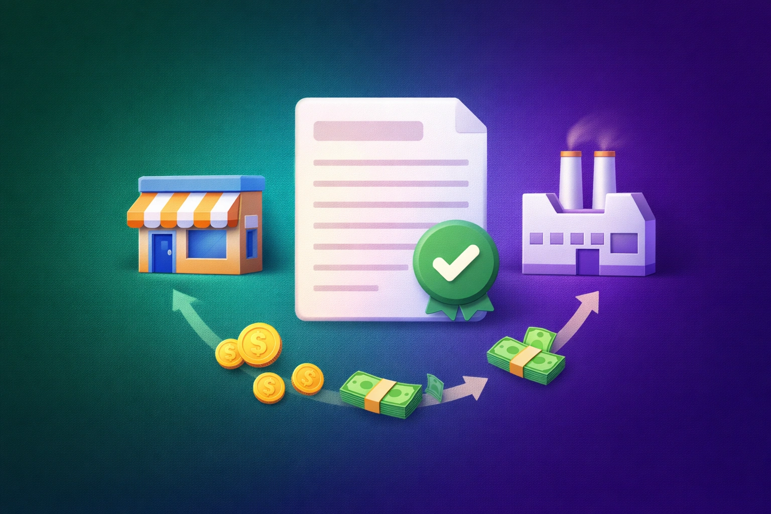 Deep green and purple diagonal gradient with a 3D illustration of a credit note document flowing between a retailer and supplier building
