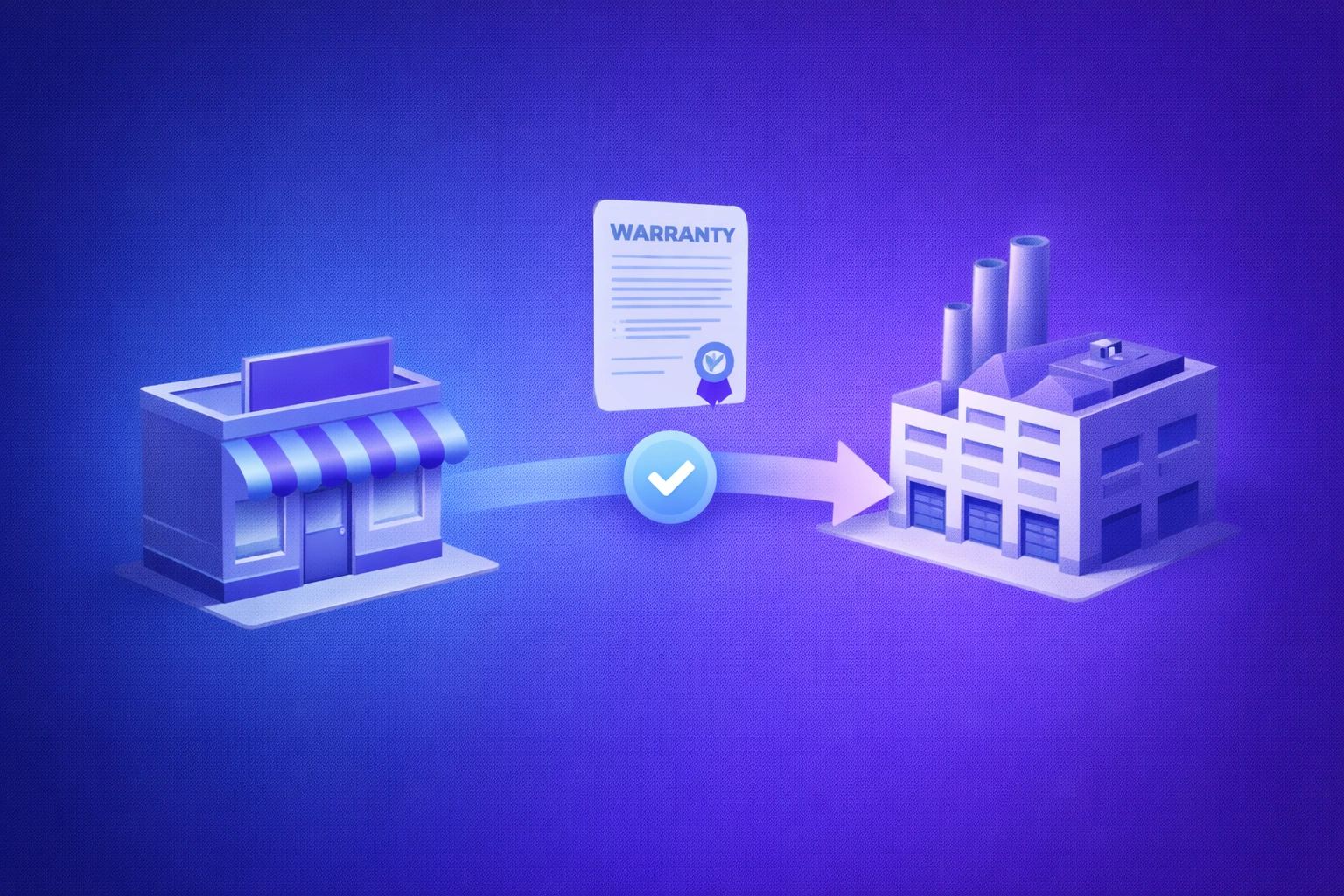 Warm indigo gradient with a 3D illustration of two hands exchanging a warranty certificate between a retailer and supplier building