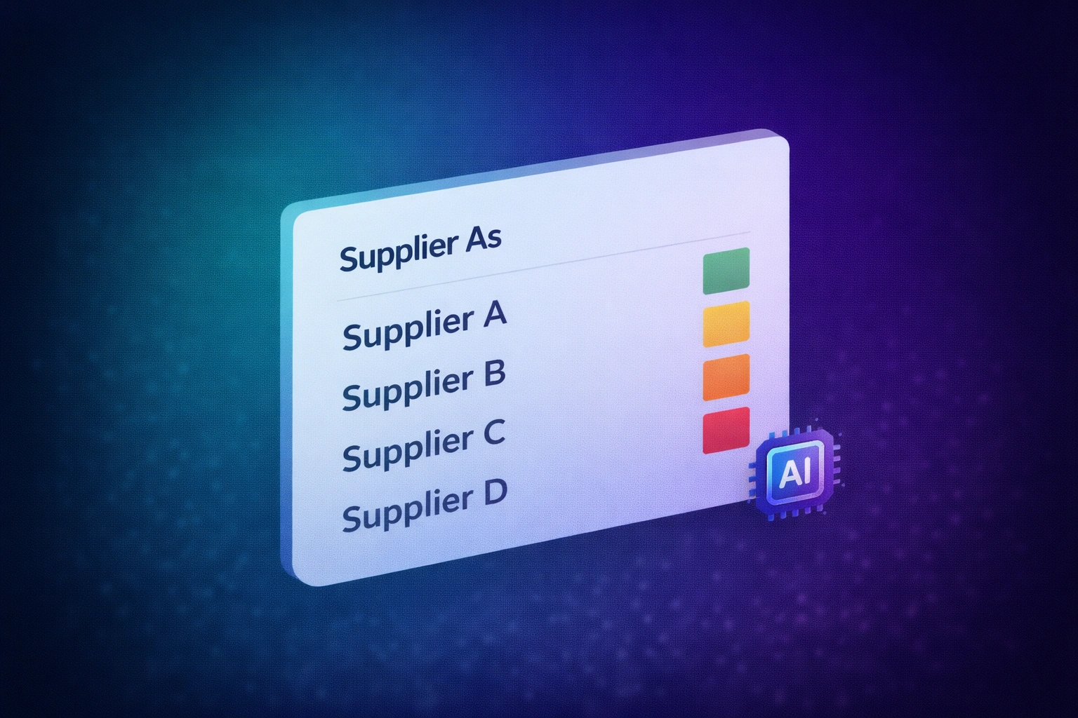 Teal-to-purple radial gradient background with a 3D supplier scorecard icon showing star ratings and a checkmark