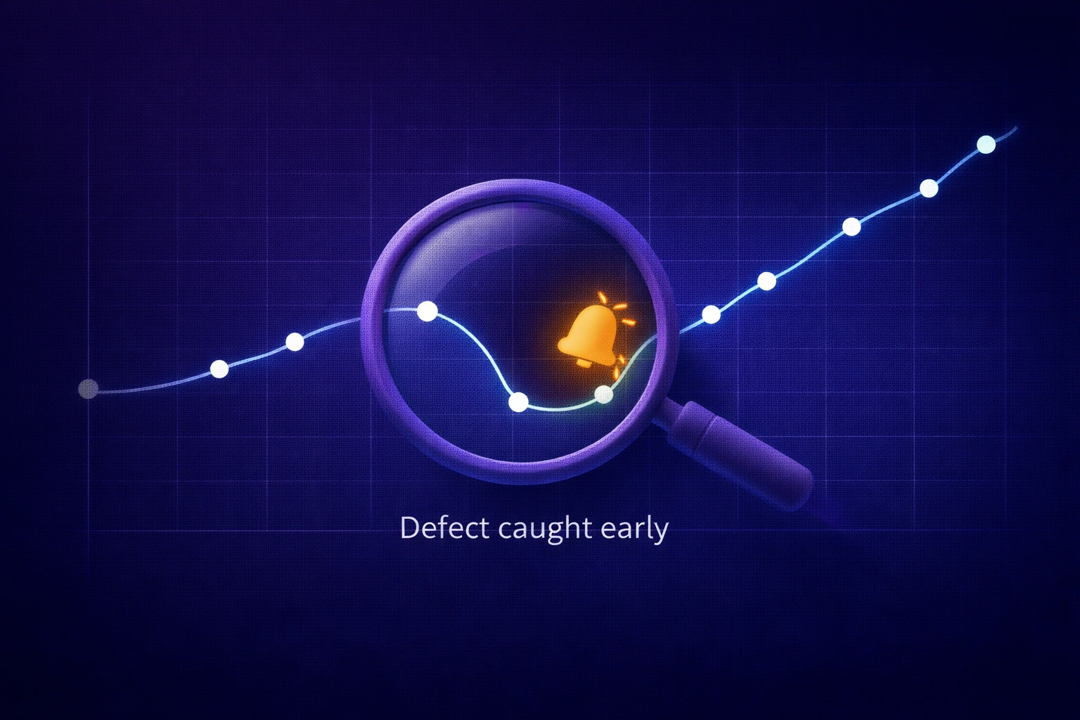 Deep purple gradient background with a 3D magnifying glass hovering over a line chart showing a defect spike being caught early