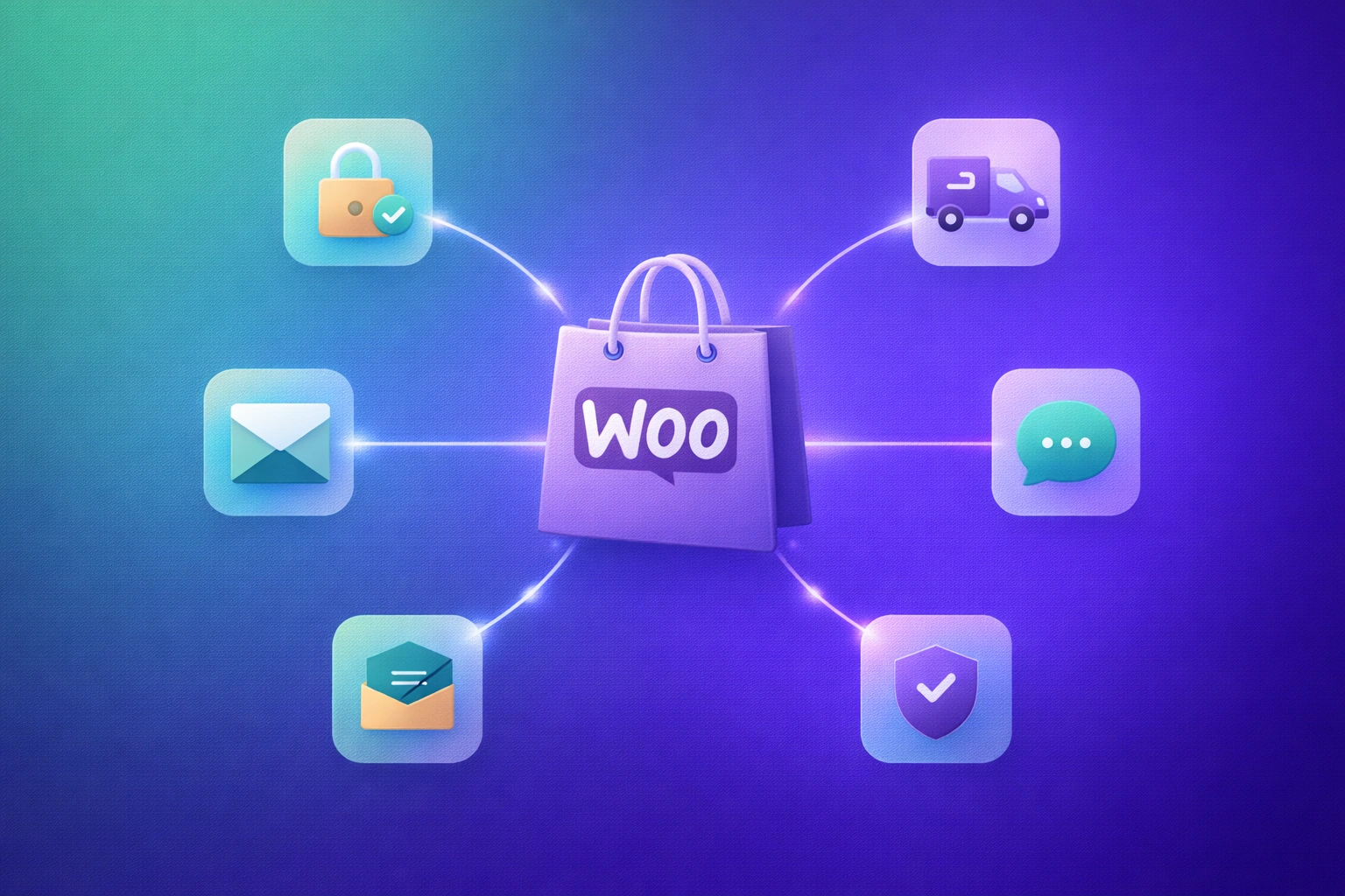 Teal and purple gradient background with a 3D WordPress and WooCommerce logo surrounded by floating integration icons
