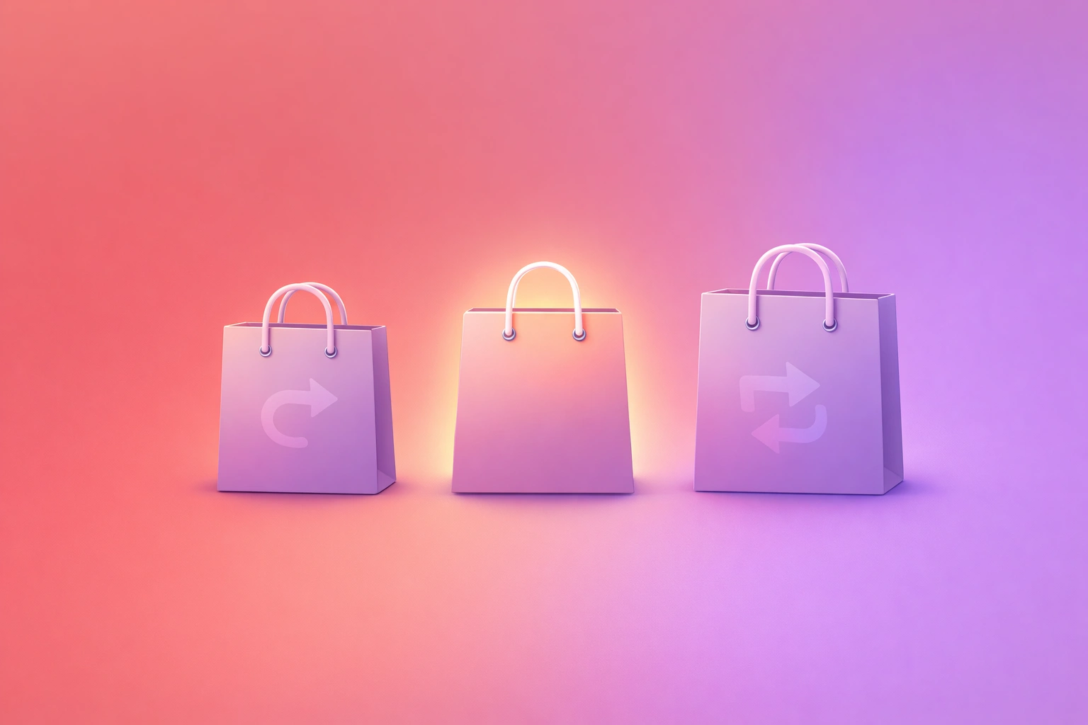 Coral and lavender gradient background with a 3D illustration of three identical shopping bags in different sizes representing bracketing behavior