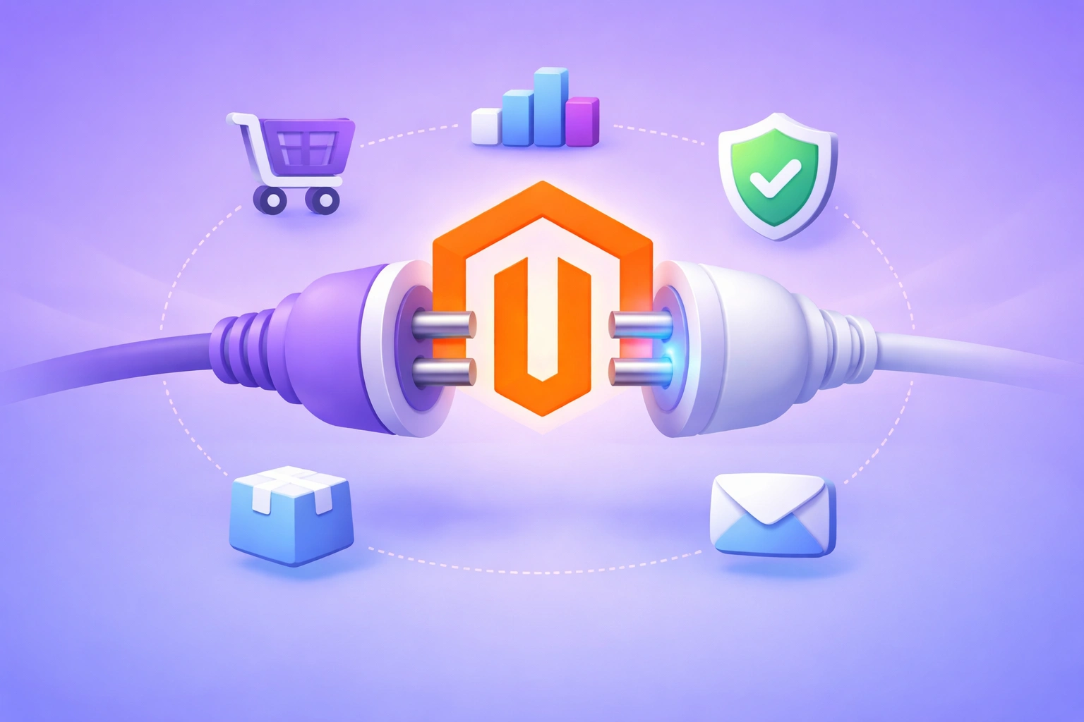 Purple gradient background with a 3D plug-and-socket illustration representing ecommerce integrations for Magento stores
