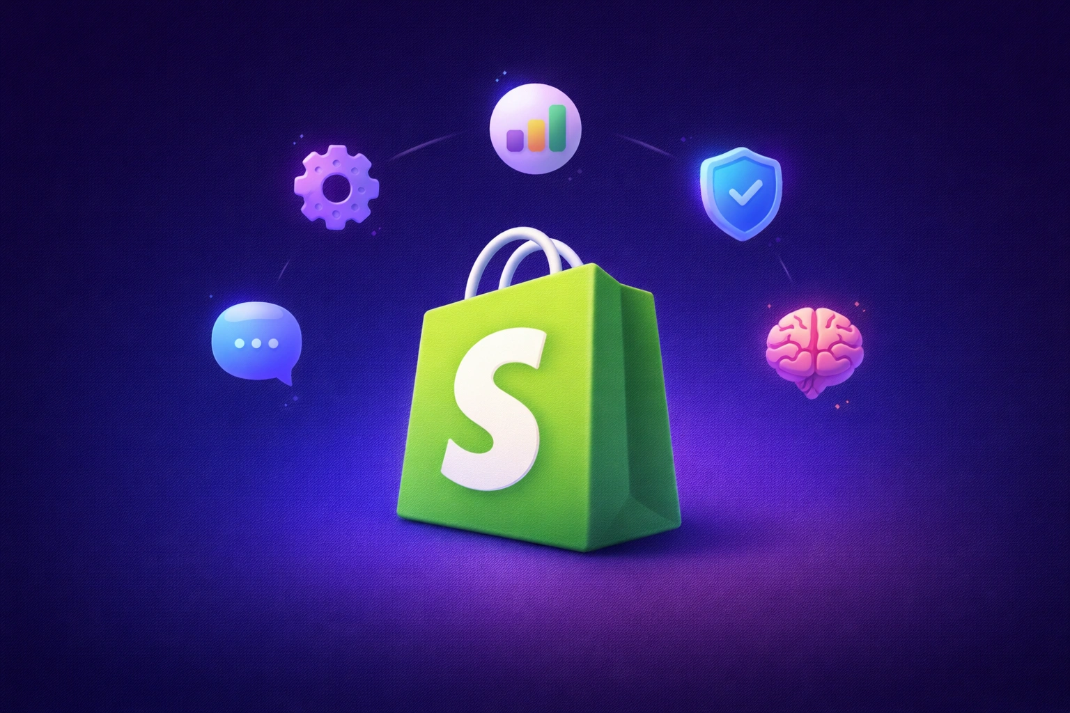 3D Shopify shopping bag icon with a return arrow and feature checklist on a soft indigo gradient background