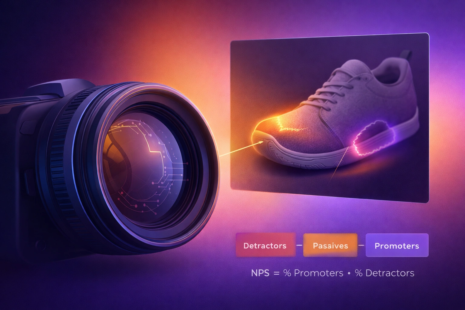 3D illustration of a camera lens icon with AI neural network patterns analyzing a product image on a warm purple and amber gradient background