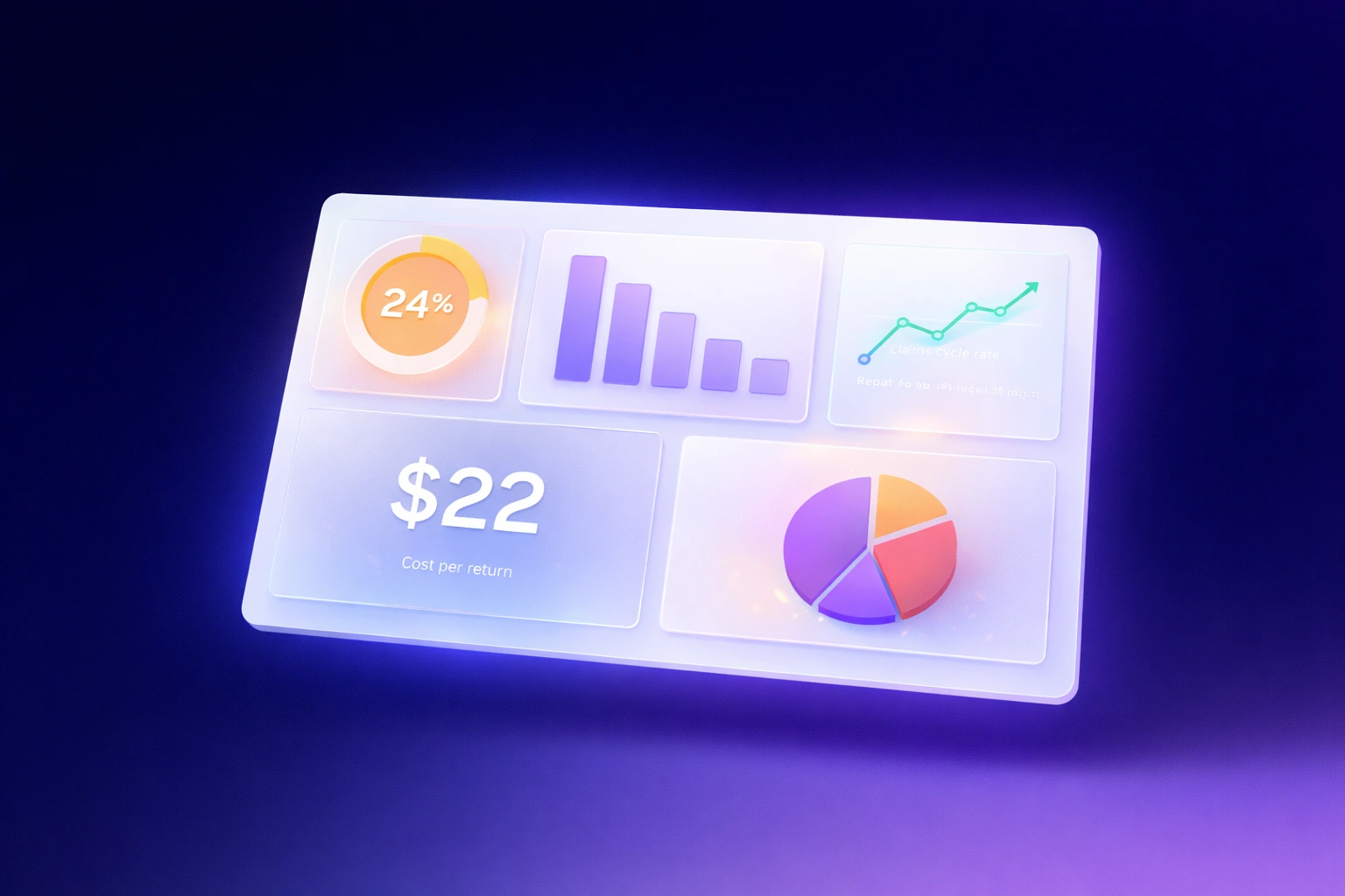 3D dashboard interface showing bar charts, circular gauges, and metric cards for returns and warranty performance on a deep indigo gradient background