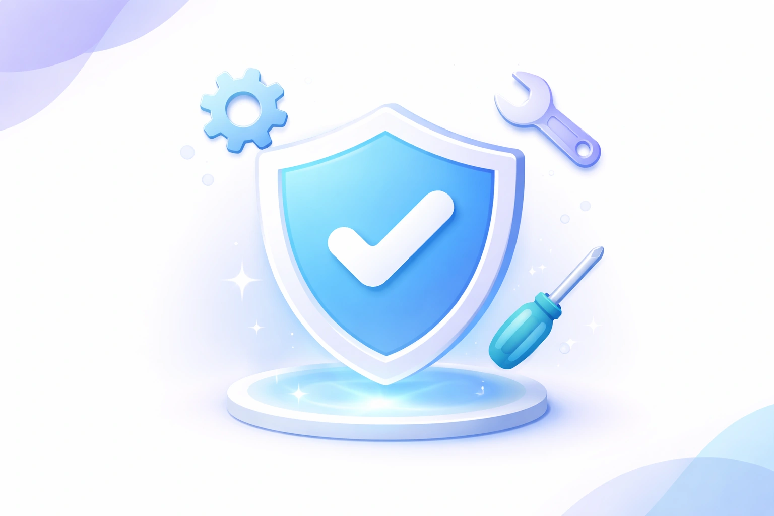 3D illustration of a glowing warranty shield icon with AI circuit patterns on a dark blue gradient background