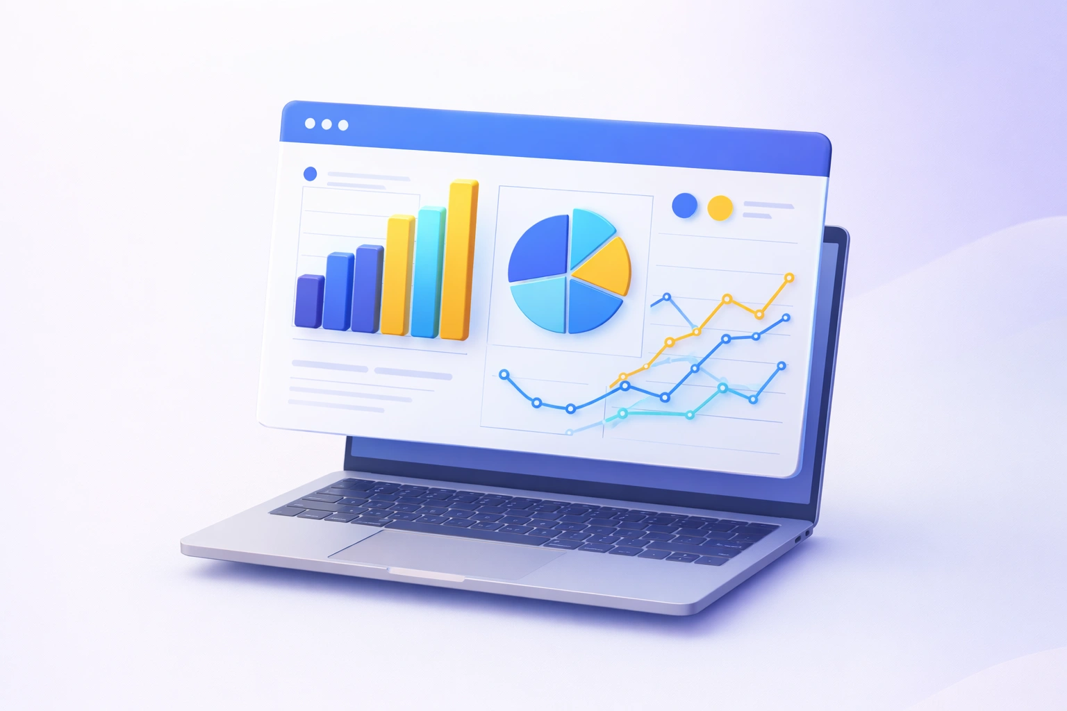 3D illustration of a colorful analytics dashboard with charts and graphs floating above a laptop on a gradient purple background