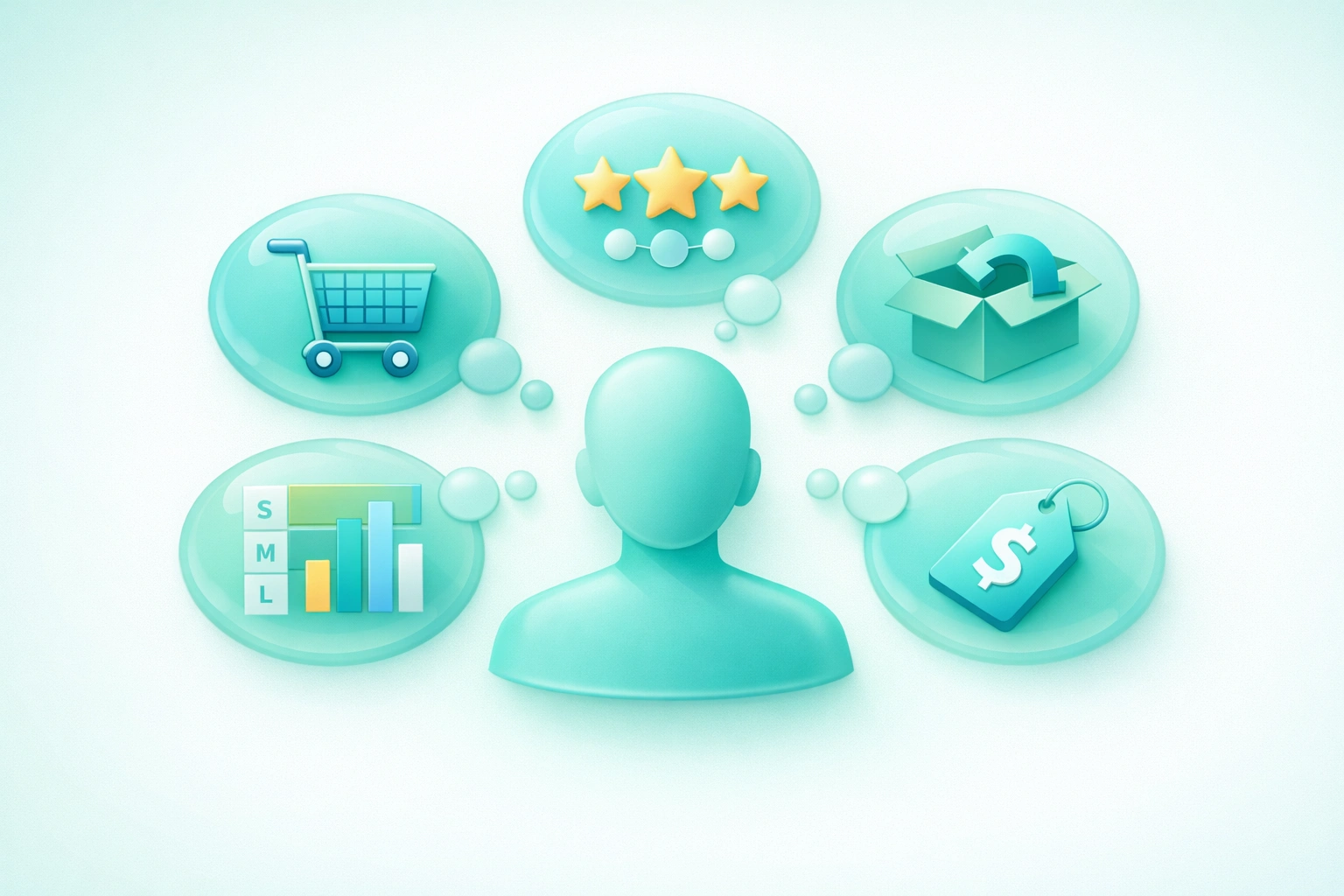 Shopping cart surrounded by psychology icons showing the connection between buying decisions and product returns